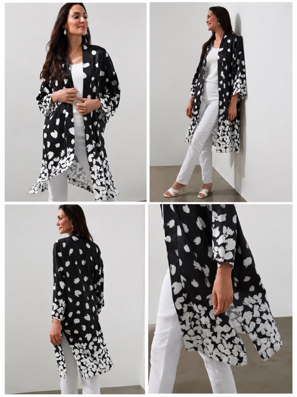 Chico's Petals Drama Ruana Black White Floral Kimono Size L/XL